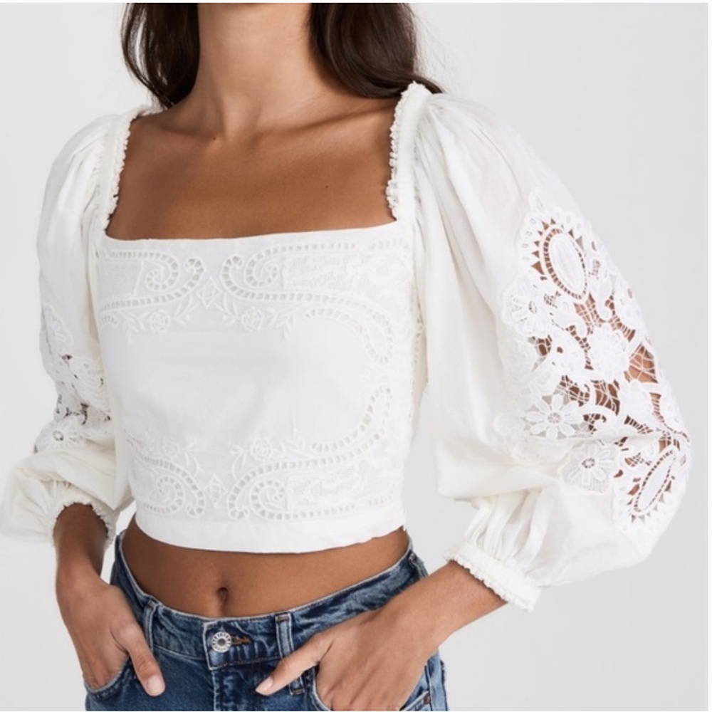 Elie Tahari Lace Square Neck Puff Sleeve Blouse Size L